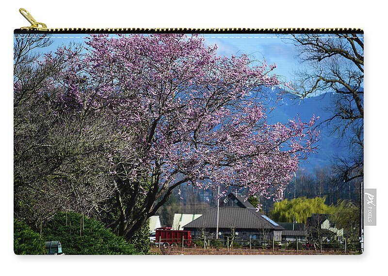 Pink Tree Red Trailer Zip Pouch featuring the photograph Pink Tree Red Trailer by Tom Cochran
