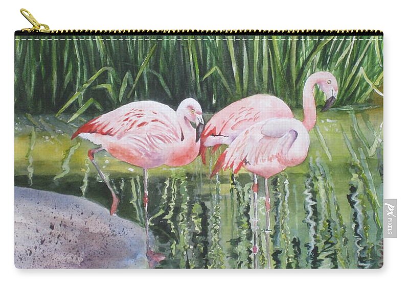 Flamingos Zip Pouch featuring the painting Pink Trio by Mary McCullah