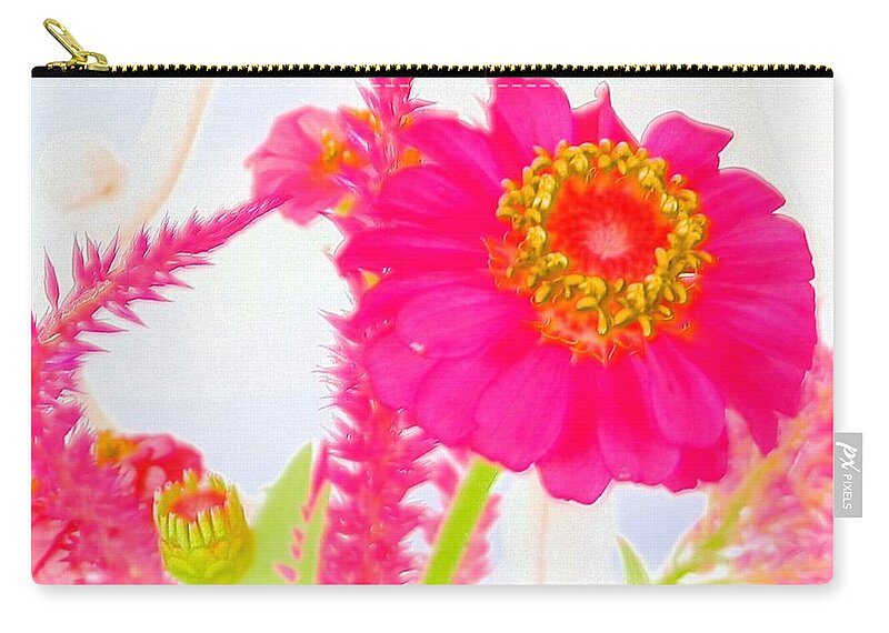 #zinnia #pops With #pink #color And #celosia In The #background Zip Pouch featuring the photograph Pink Zinnia Watercolor by Belinda Lee