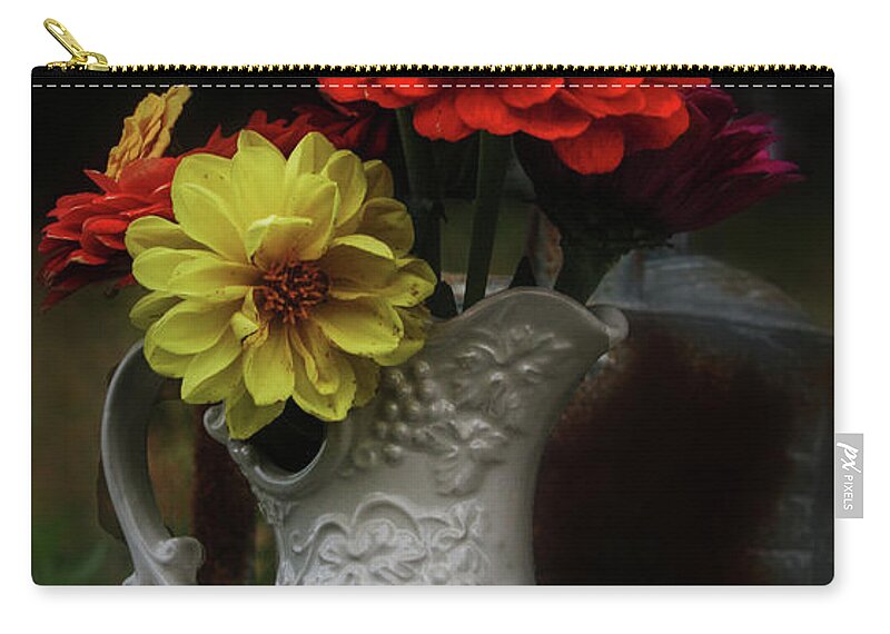 Pitcher Of Flowers Zip Pouch featuring the photograph Pitcher and Zinnias by Jeff Kurtz