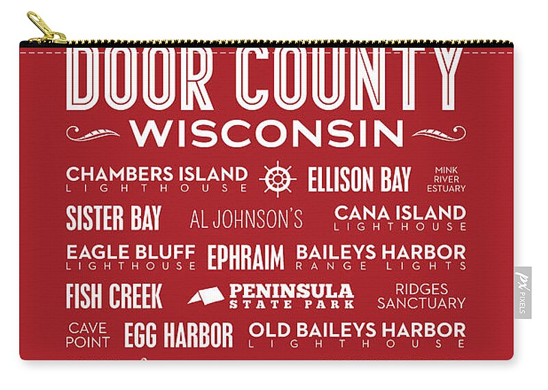 Door County Zip Pouch featuring the digital art Places of Door County on Red by Christopher Arndt