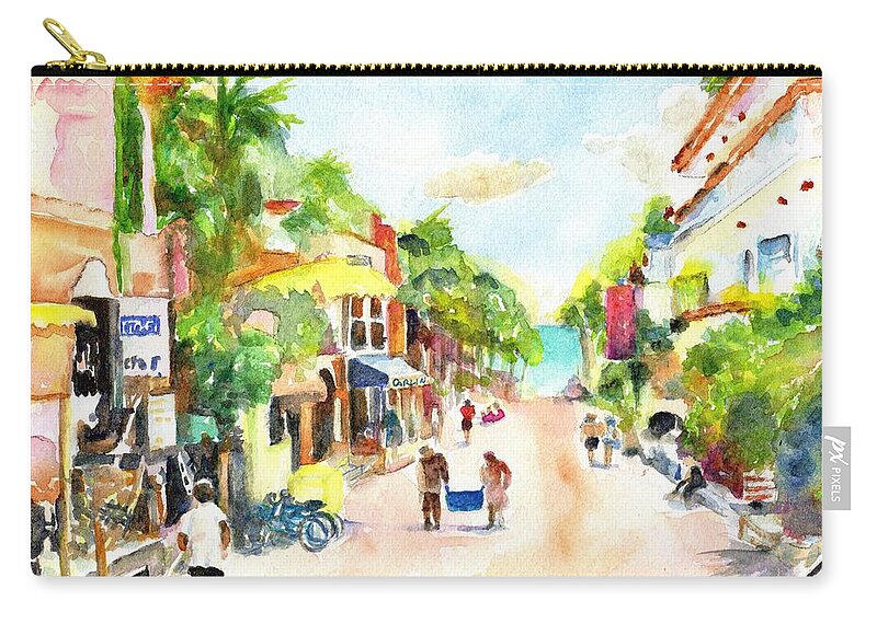 Playa Del Carmen Zip Pouch featuring the painting Playa del Carmen Mexico Shops by Carlin Blahnik CarlinArtWatercolor