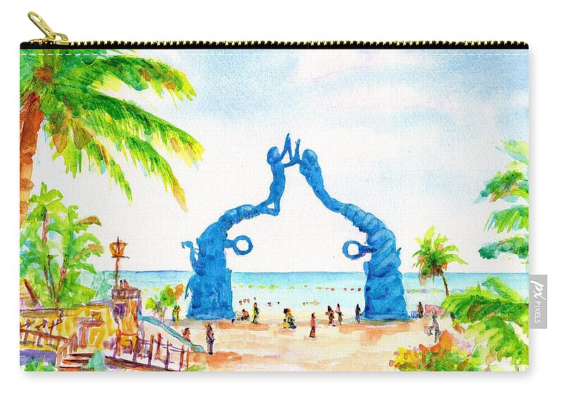 Playa Del Carmen Zip Pouch featuring the painting Playa del Carmen Portal Maya Statue by Carlin Blahnik CarlinArtWatercolor
