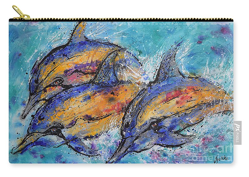 Dolphins Carry-all Pouch featuring the painting Playful Dolphins by Jyotika Shroff