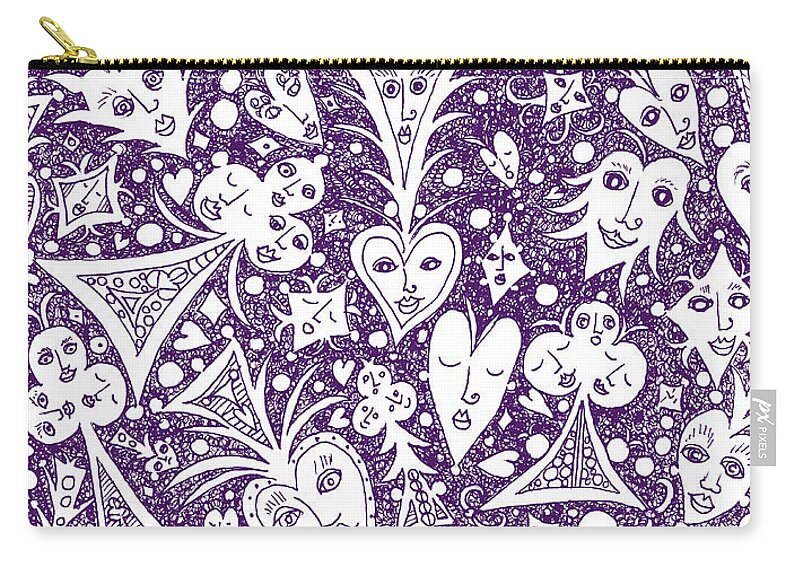 Lise Winne Carry-all Pouch featuring the drawing Playing Card Symbols with Faces in Purple by Lise Winne