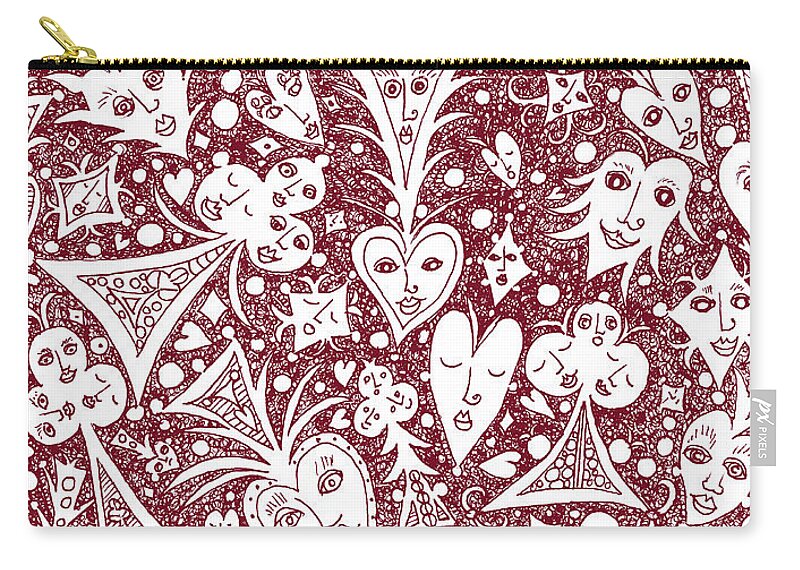 Lise Winne Carry-all Pouch featuring the drawing Playing Card Symbols with Faces in Red by Lise Winne