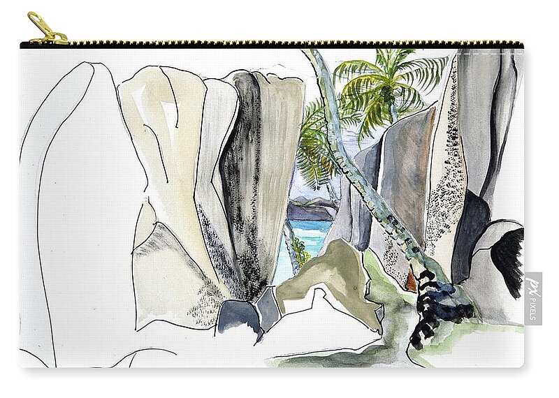 Significant Island Landmark Zip Pouch featuring the painting Pointe Source de l'Argent - Seychelles by Joan Cordell