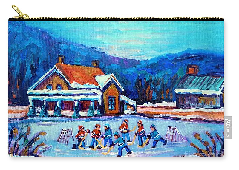 Hockey Zip Pouch featuring the painting Pond Hockey Painting Canadian Art Original Winter Country Landscape Scene Carole Spandau  by Carole Spandau