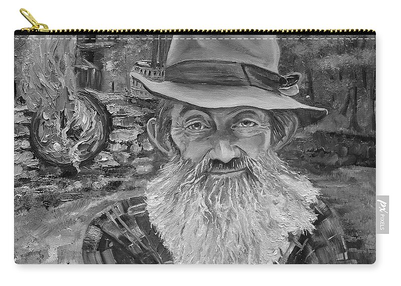 Popcorn Sutton Zip Pouch featuring the painting Popcorn Sutton - Black and White - Rocket Fuel by Jan Dappen