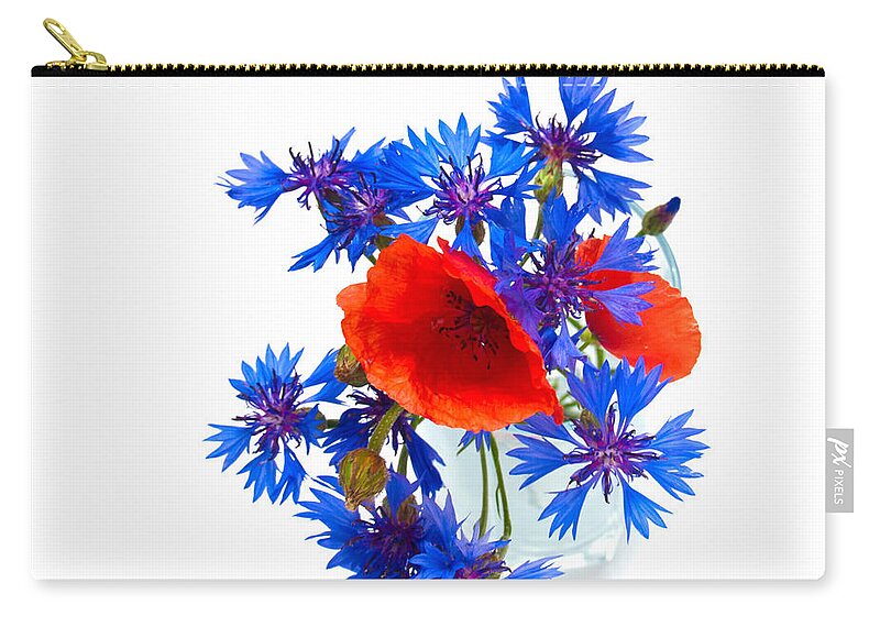 Poppy Zip Pouch featuring the photograph Poppy and Cornflower bouquet by Anastasy Yarmolovich