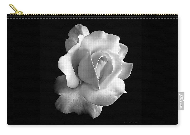 #faatoppicks Zip Pouch featuring the photograph Porcelain Rose Flower Black and White by Jennie Marie Schell