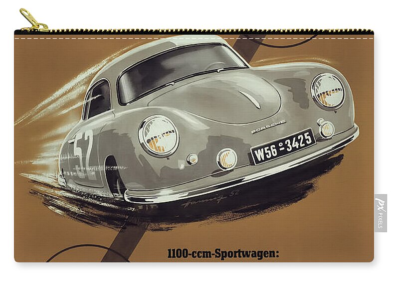 Porsche Zip Pouch featuring the digital art Porsche Nurburgring 1950s vintage poster by Georgia Fowler