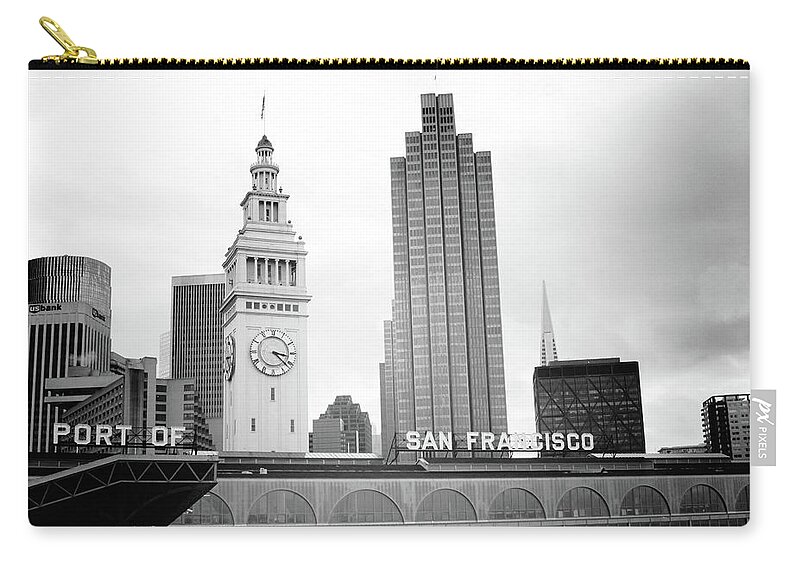 San Francisco Zip Pouch featuring the mixed media Port Of San Francisco Black and White- Art by Linda Woods by Linda Woods