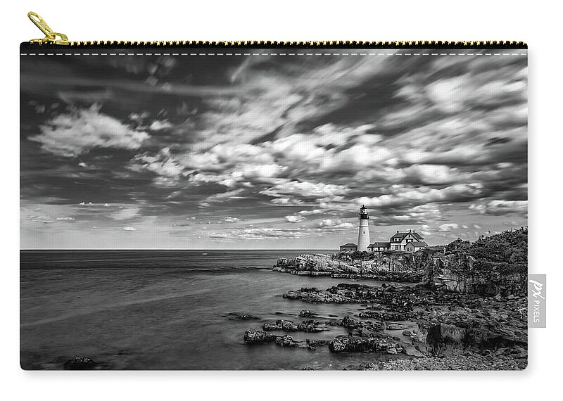 Portland Head Lighthouse Zip Pouch featuring the photograph Portland Head Light in Black and White by Kristen Wilkinson