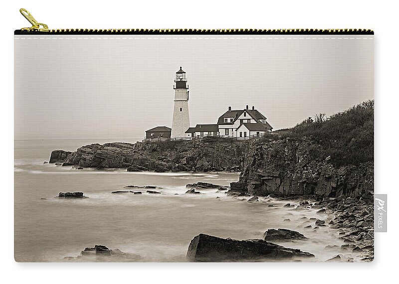 Vacationland Zip Pouch featuring the photograph Portland Head Lighthouse foggy morning Sepia by David Smith