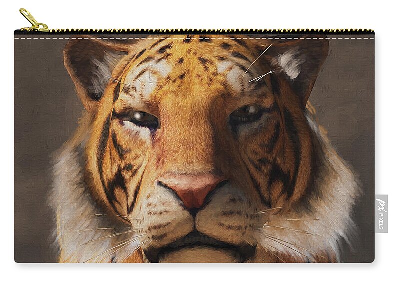 Tiger Head Zip Pouch featuring the digital art Portrait of a Tiger by Daniel Eskridge