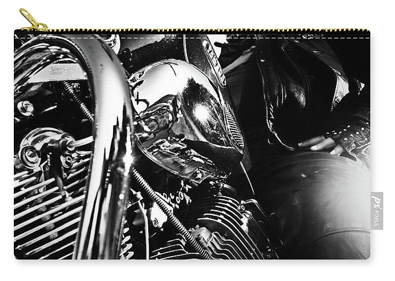 Motorcycle Zip Pouch featuring the photograph Portrait of biker man sitting on motorcycle - black and white by Dimitar Hristov