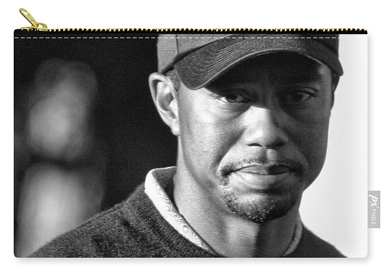 Tiger Zip Pouch featuring the photograph Portrait Tiger Woods Black White by Chuck Kuhn