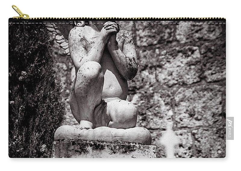 Angel Zip Pouch featuring the photograph Praying angel in Auvillar cemetery BW by RicardMN Photography