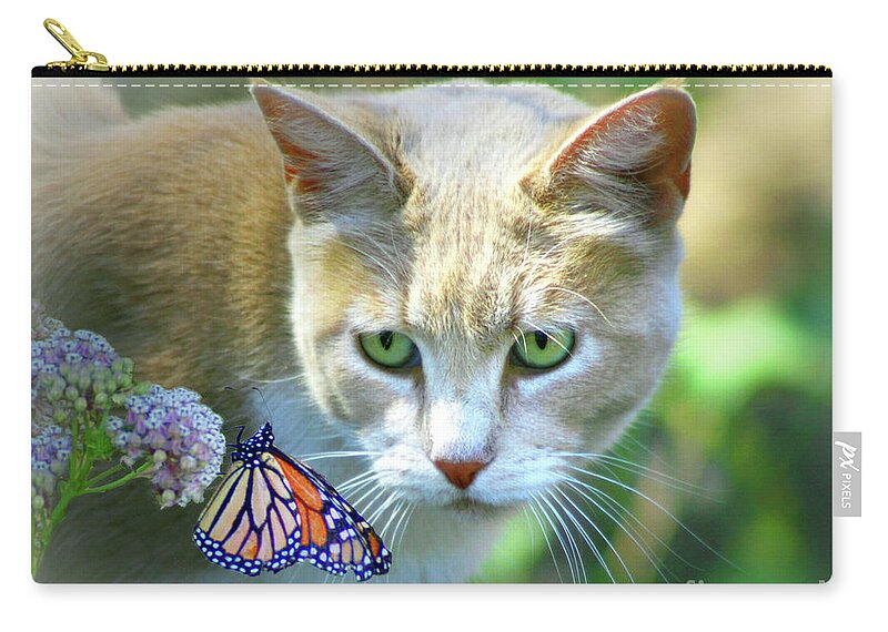 Cat Zip Pouch featuring the photograph Pretty Cat and Monarch Butterfly by Stephanie Laird