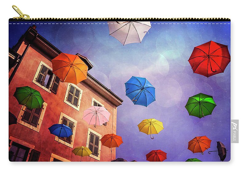 Carouge Zip Pouch featuring the photograph Pretty Umbrellas in Carouge Geneva by Carol Japp