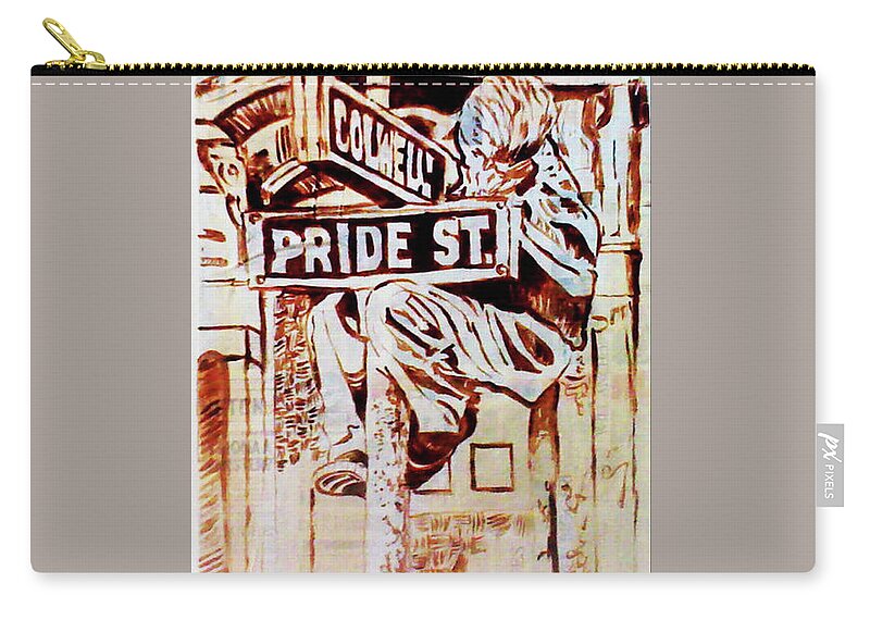 Boy On Street Sign Zip Pouch featuring the painting Pride St by Femme Blaicasso