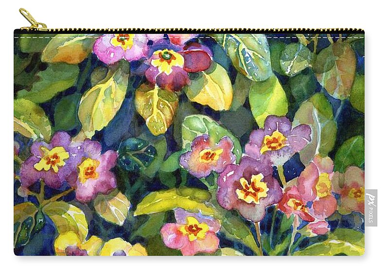 Watercolor Zip Pouch featuring the painting Primrose patch II by Ann Nicholson