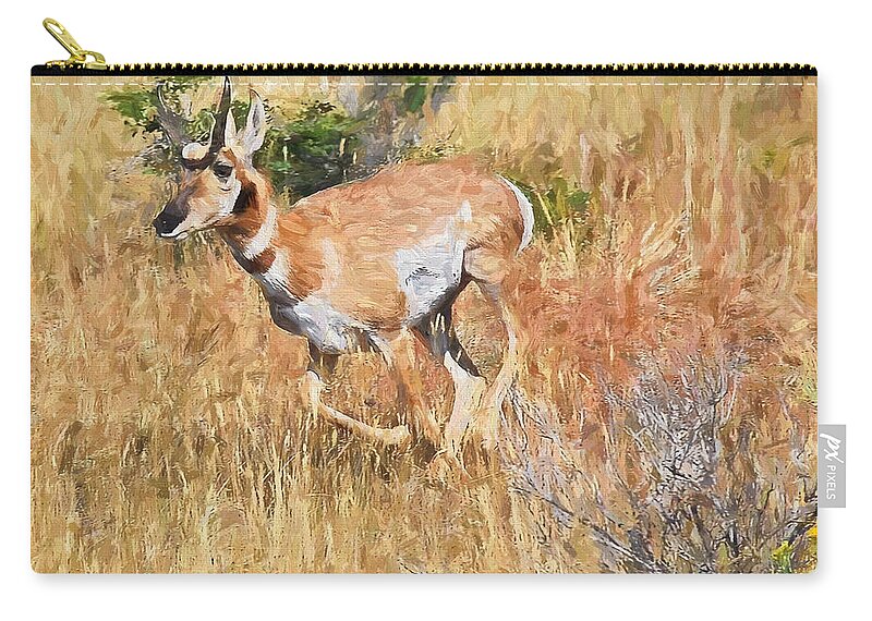 Yellowstone Zip Pouch featuring the painting Pronghorn near Yellowstone by Mitchell R Grosky
