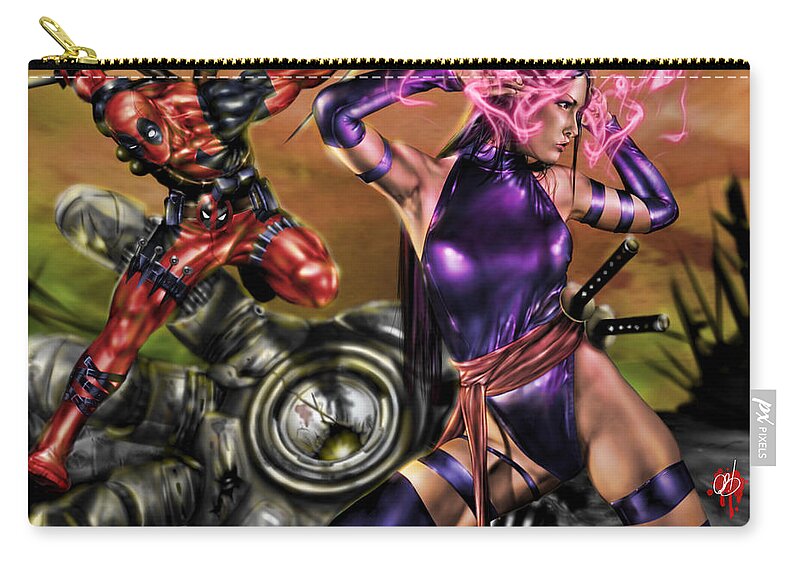 Marvel Zip Pouch featuring the painting Psylocke and Deadpool by Pete Tapang