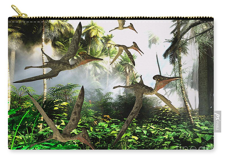 Dinosaur Zip Pouch featuring the painting Pterodactylus Flying Reptiles by Corey Ford