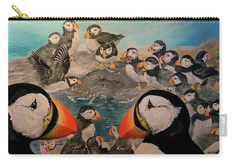 Animals Zip Pouch featuring the painting Puffin Party by Leizel Grant