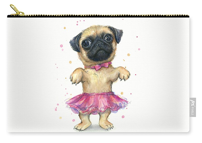 Pug Zip Pouch featuring the painting Pug in a Tutu by Olga Shvartsur