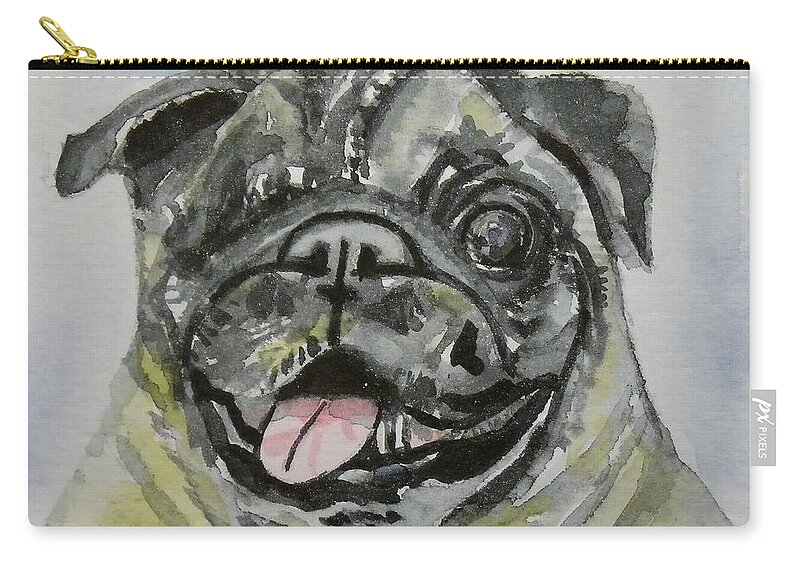 Dog Zip Pouch featuring the painting One Eyed Pug Portrait by Anna Ruzsan