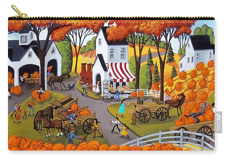 Folk Art Zip Pouch featuring the painting Pumpkin Festival - folk art landscape by Debbie Criswell