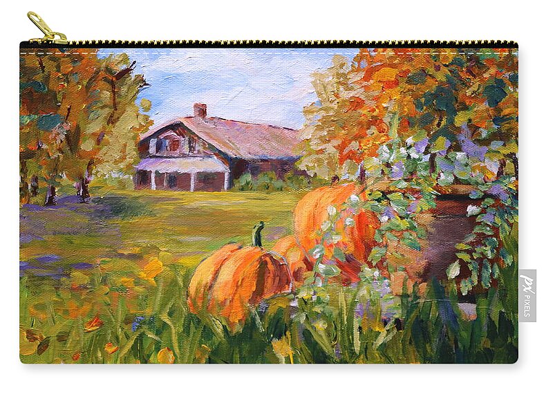 Pumpkins Zip Pouch featuring the painting Pumpkins in the fall. by Madeleine Shulman