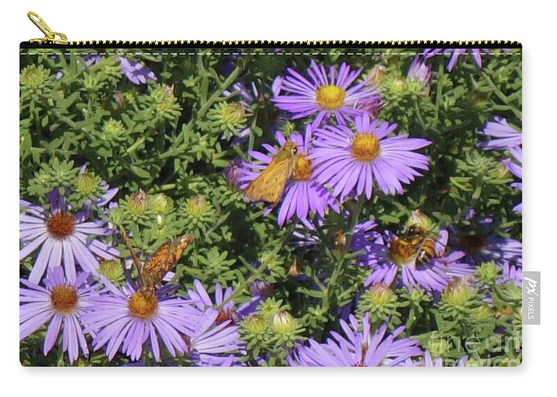 Astors Zip Pouch featuring the photograph Purple Astors with Butterflies by Janette Boyd