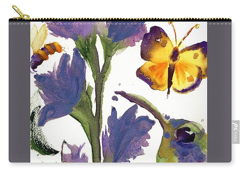 Hummingbird Zip Pouch featuring the painting Purple Hummer - Yellow Butterfly by Dawn Derman