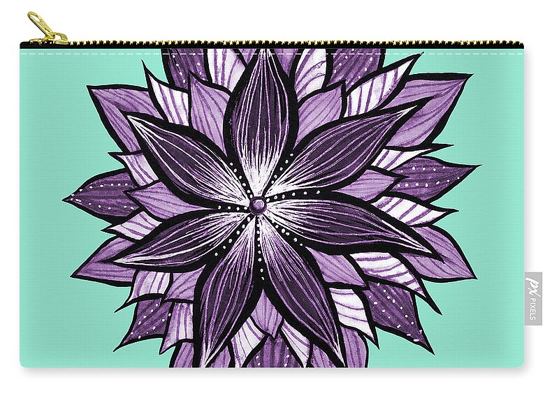 Flower Zip Pouch featuring the drawing Purple Mandala Like Ink Drawn Abstract Flower by Boriana Giormova