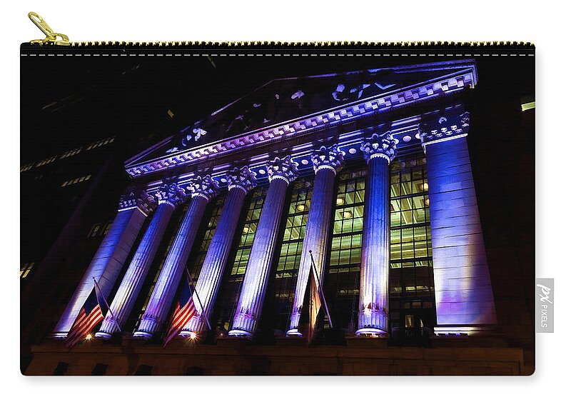 Georgia Mizuleva Zip Pouch featuring the digital art Purple New York Stock Exchange at Night - Impressions Of Manhattan by Georgia Mizuleva