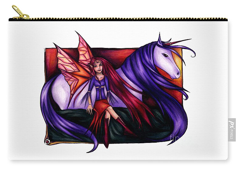 Purple Unicorn Zip Pouch featuring the drawing Purple Unicorn with Fairy Friend by Kristin Aquariann