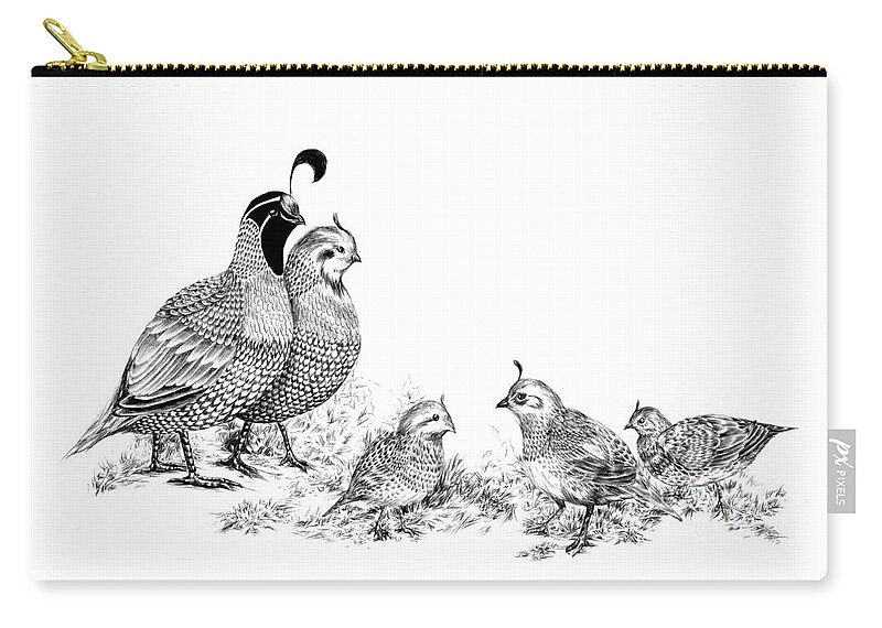 Quail Zip Pouch featuring the drawing Quail Family Outing by Alice Chen