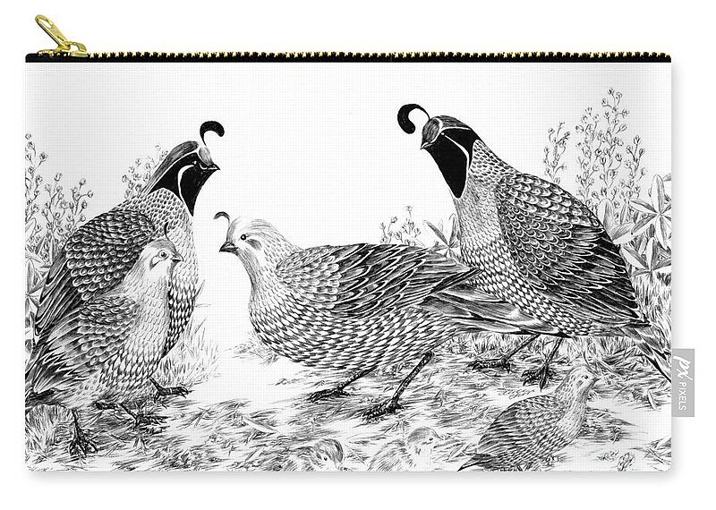 Quail Zip Pouch featuring the drawing Quail Family Reunion by Alice Chen