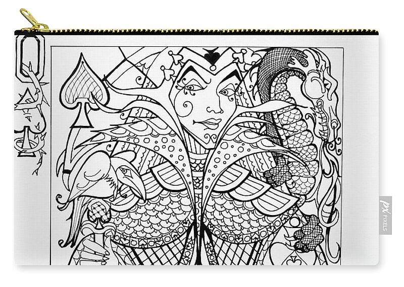 Queen Of Spades Carry-all Pouch featuring the drawing Queen Of Spades by Jani Freimann