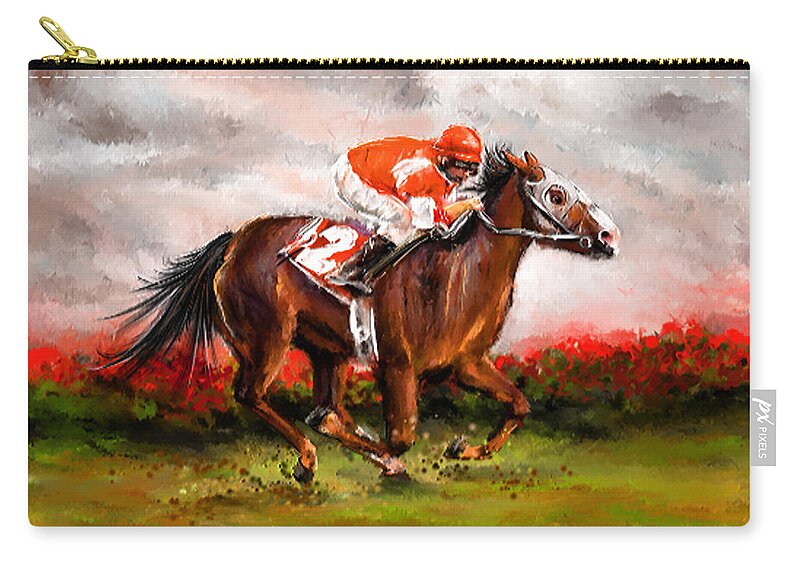 Horse Racing Zip Pouch featuring the painting Quest For The Win - Horse Racing Art by Lourry Legarde