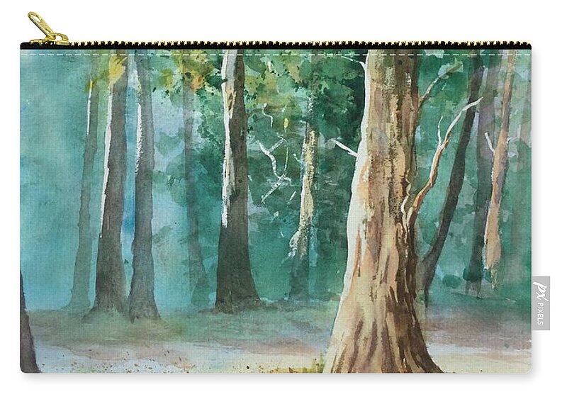 Watercolor Painting Of A Forest. Zip Pouch featuring the painting Quiet Forest by Watercolor Meditations