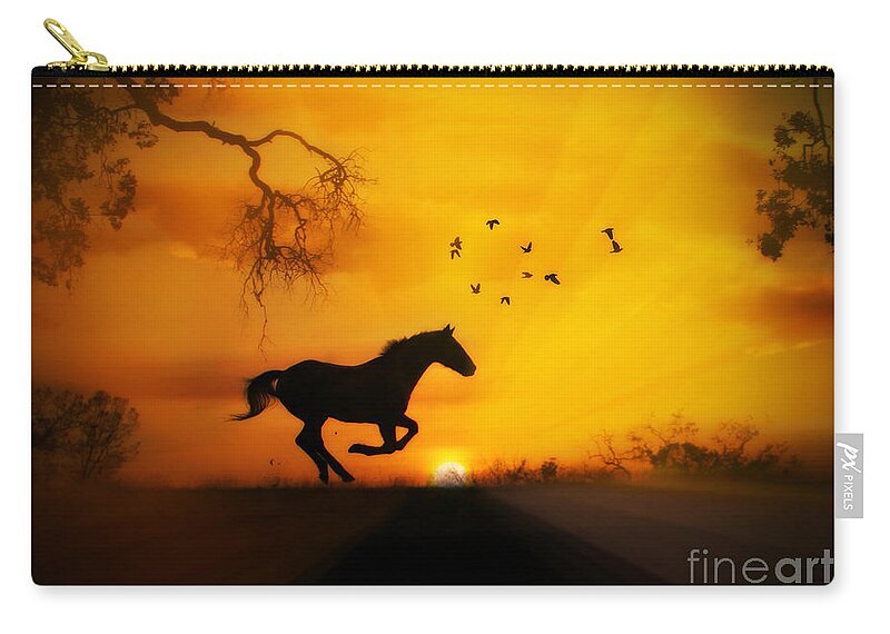 Horse Zip Pouch featuring the photograph Radiant Run Horse and Sunrise by Stephanie Laird