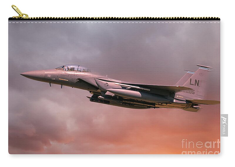 Usaf Zip Pouch featuring the photograph RAF Lakenheath F-15 Eagle in flight with orange sun light by Simon Bratt