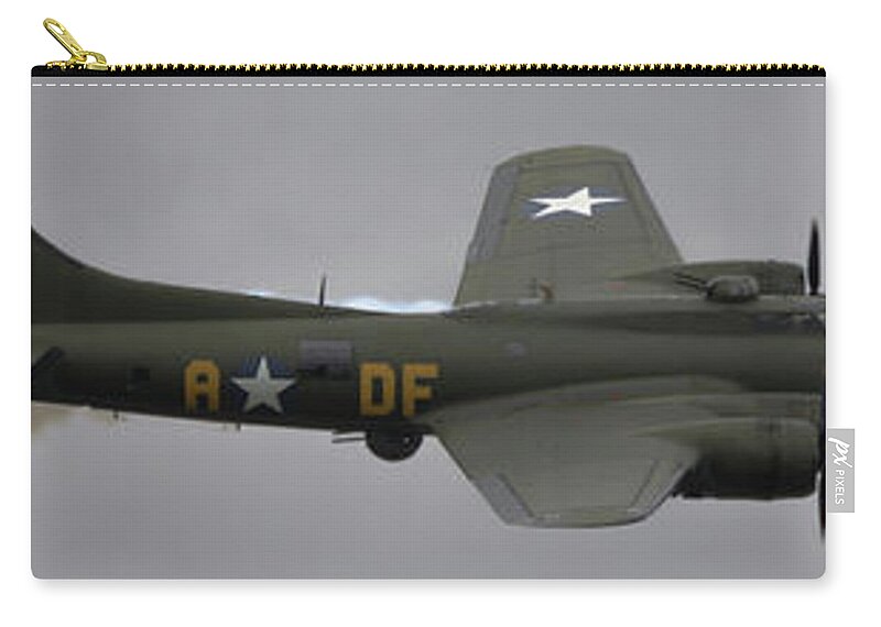 2 Zip Pouch featuring the photograph RAF Scampton 2017 - B-17 Flying Fortress Sally B Smoke by Scott Lyons