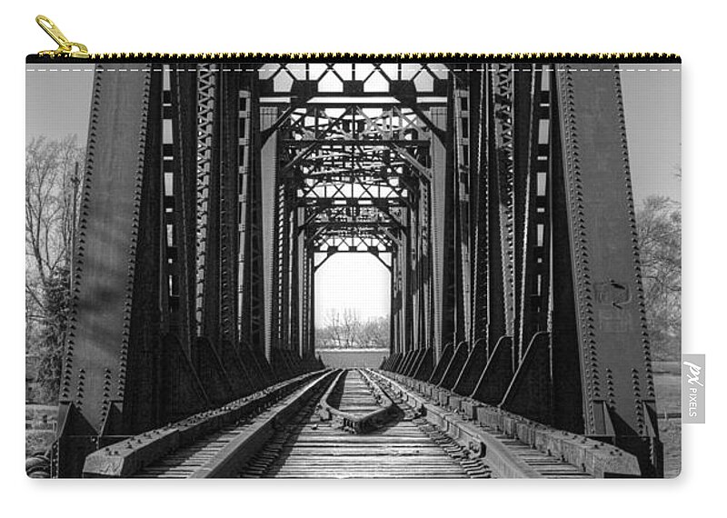 Railroad Zip Pouch featuring the photograph Railroad Bridge Black And White by Sharon McConnell