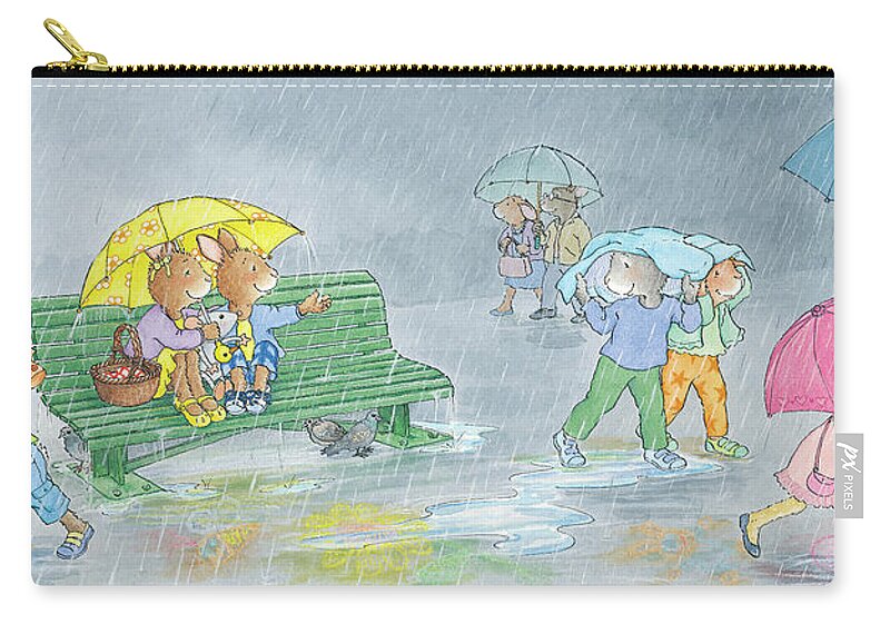 Breezy Bunnies Zip Pouch featuring the painting Rain Shower by June Goulding